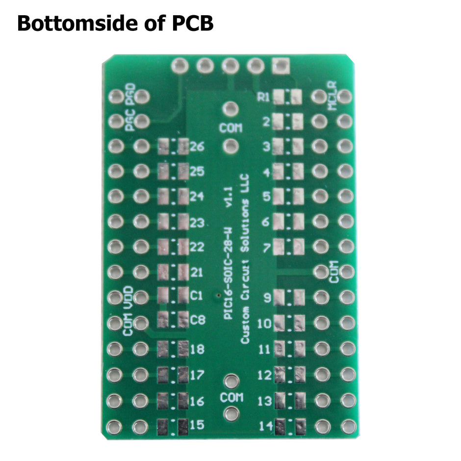 Microcontroller Solder Adapter Compatible with Most PIC16 & PIC18 SOIC-28 Devices, Includes Holes for PicKit Programming Header Pins and Required Capacitors Pads - (Board Only, PCB Parts Not Included)