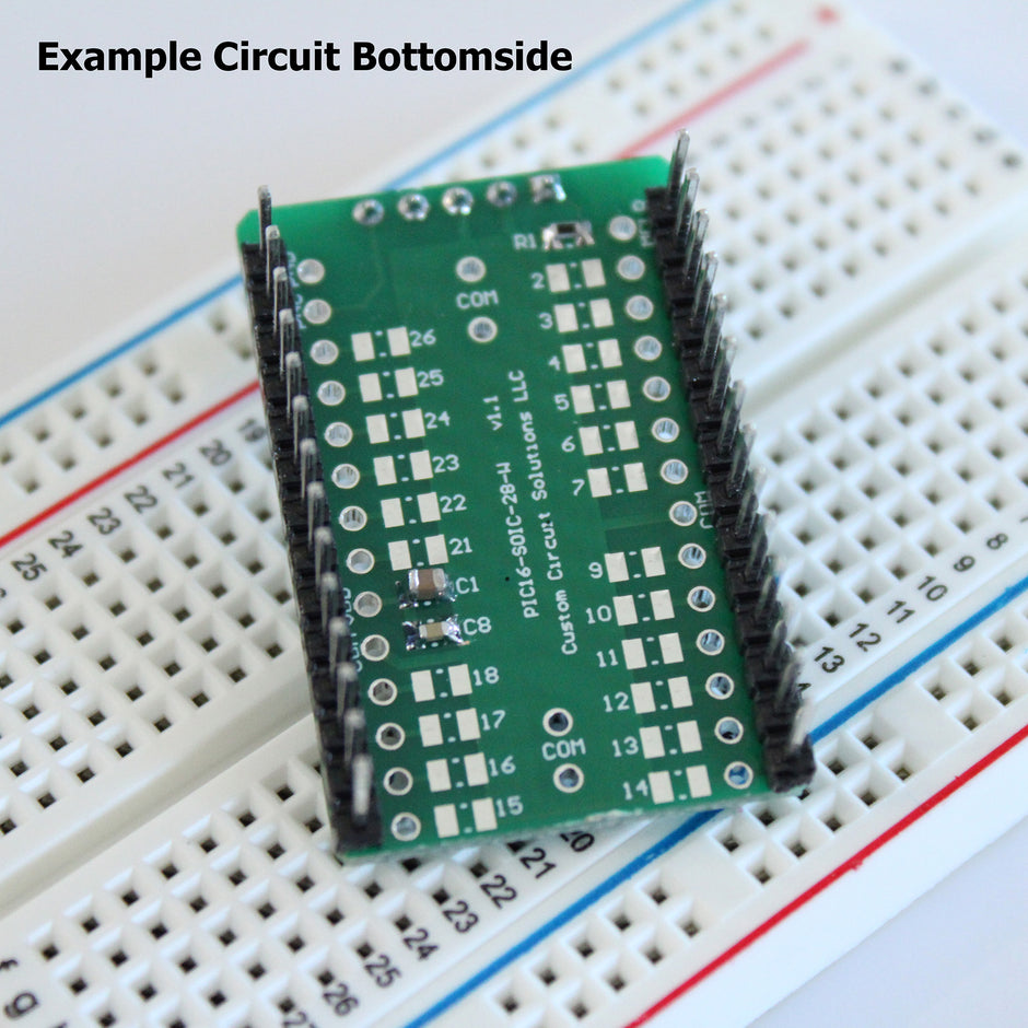 Microcontroller Solder Adapter Compatible with Most PIC16 & PIC18 SOIC-28 Devices, Includes Holes for PicKit Programming Header Pins and Required Capacitors Pads - (Board Only, PCB Parts Not Included)