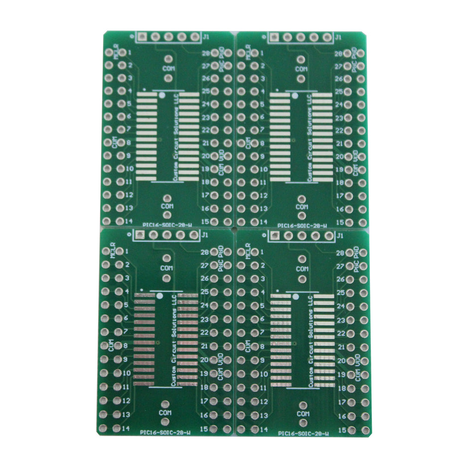Microcontroller Solder Adapter Compatible with Most PIC16 & PIC18 SOIC-28 Devices, Includes Holes for PicKit Programming Header Pins and Required Capacitors Pads - (Board Only, PCB Parts Not Included)