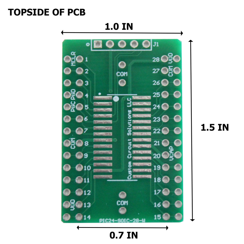 Microcontroller Solder Adapter Compatible with Most PIC24 & PIC32 SOIC-28 Devices, Includes Holes for PicKit Programming Header Pins and Required Capacitors Pads - (Board Only, PCB Parts Not Included)