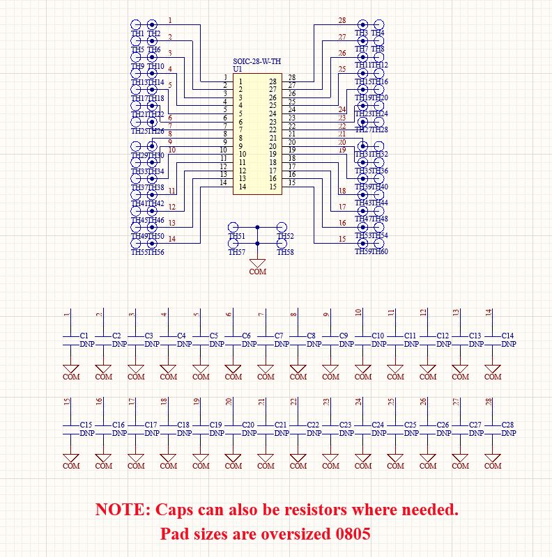 SOIC-28 (Wide) to 28-Pin DIP Adapter Header with Integrated SMT Pads (4 Pieces)